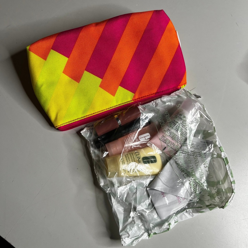Donald Robertson x Clinique‎ Makeup Bag Set Pink Orange Yellow Striped Skincare